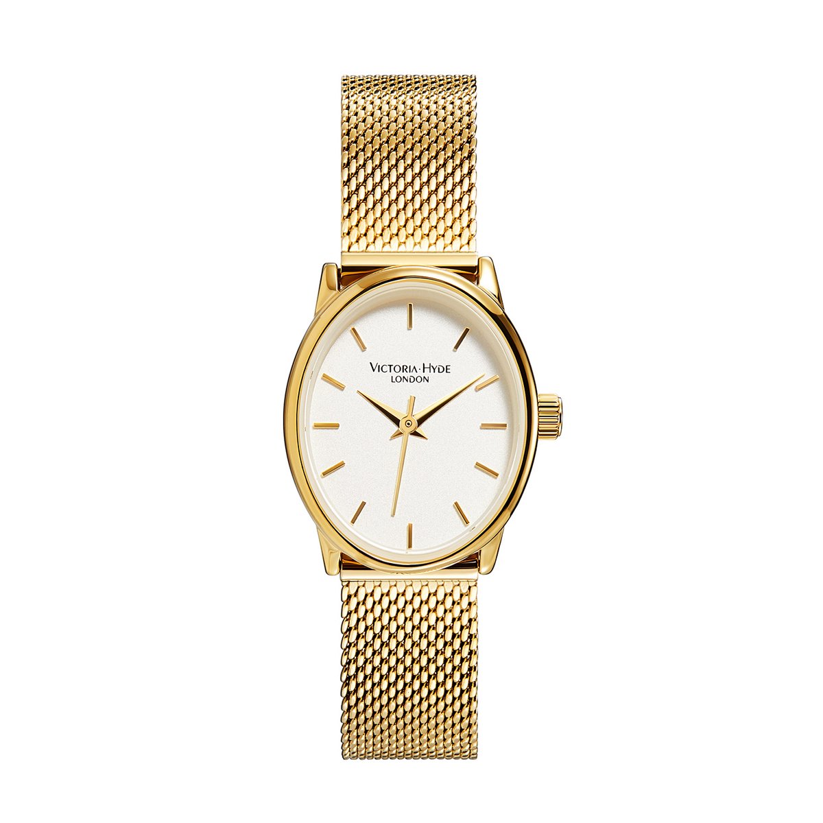 Victoria Hyde "Edith"- Horloge - mesh horloge - Analoog - Staal - Zilverkleurig - Mineraalglas - Quartz Uurwerk - Witte duidelijke wijzerplaat - 22x27 mm - Goudkleurig