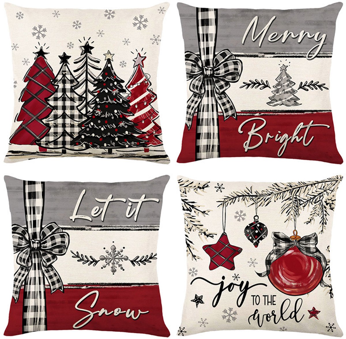 Kerstkussenhoezen 45*45 cm, set van 4, winterse sierkussenhoezen met buffelruitpatroon, vrolijke kerstkussens voor bank, fauteuil, huisdecoratie, kerstkussens voor binnen.