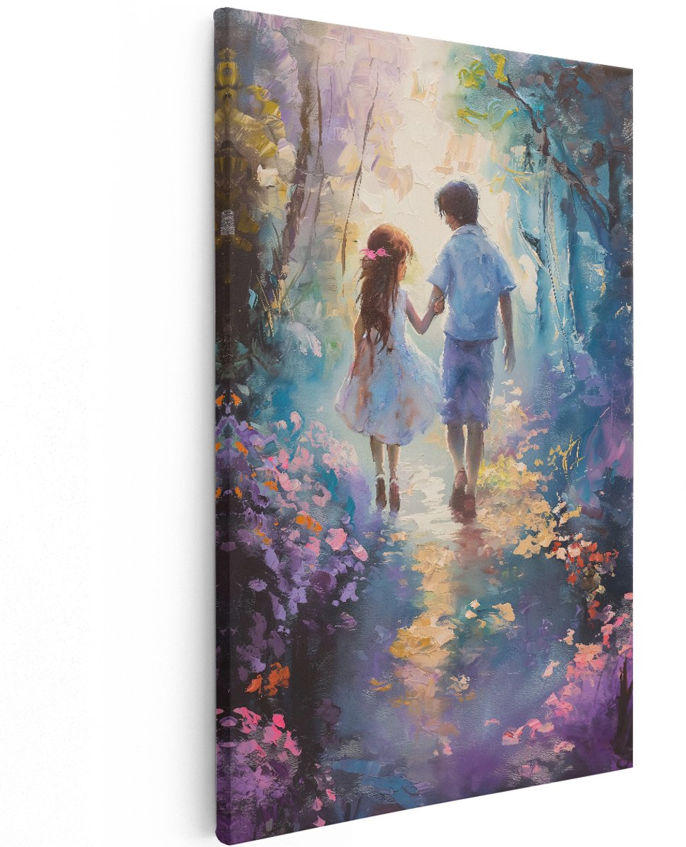 Artaza Canvas Schilderij Kinderen Hand In Hand - 100x150 cm - Groot - Wanddecoratie Bloemenbos - Muurdecoratie Kinderkamer - Decoratie Paars