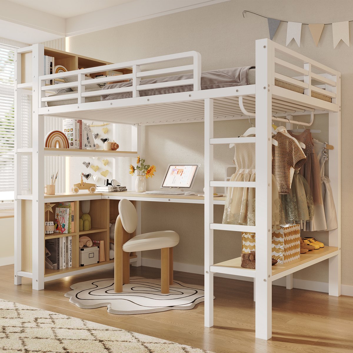 Kinderbed, Hoogbed, 90 x 200 cm, tafel, kledingrek, rekken, opbergkasten, zonder matras, wit