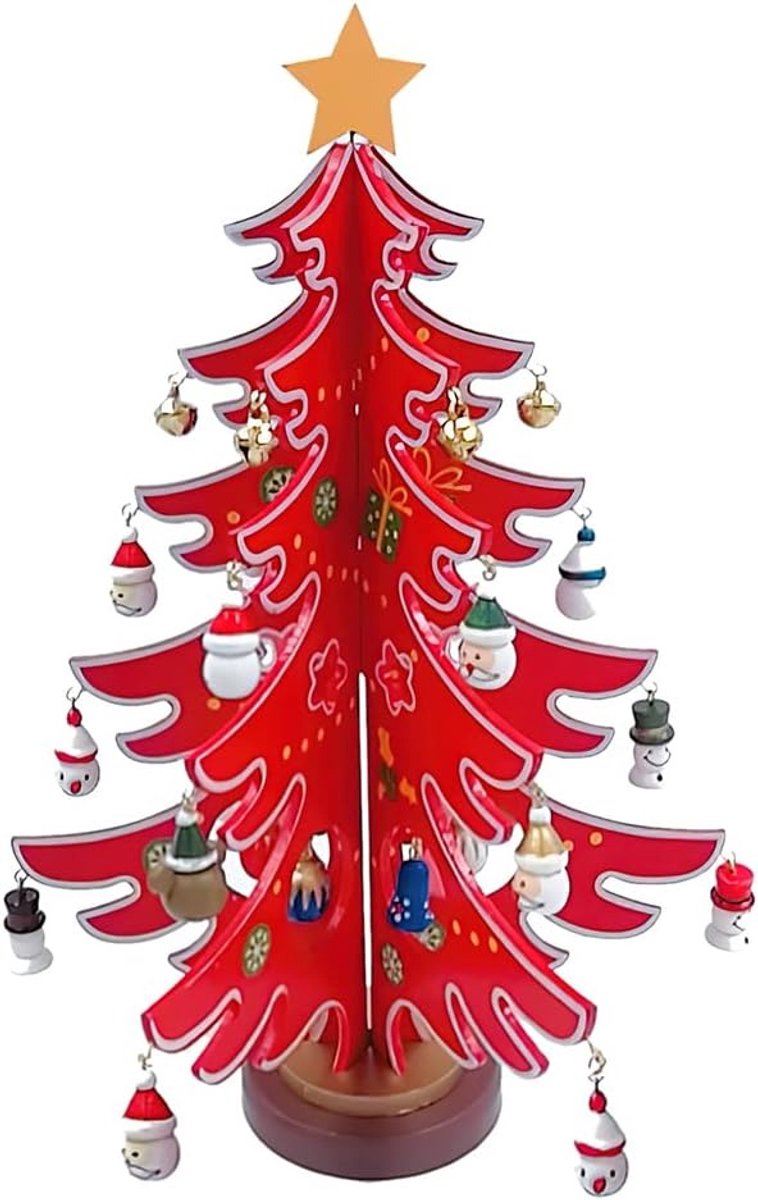 Rood Houten kerstboom voor op tafel - Ornamenten, sneeuwpop en kerstman decoraties voor jongens, meisjes en kinderen. Perfect als feestcadeautje, prijs voor in de klas of kerstcadeau.