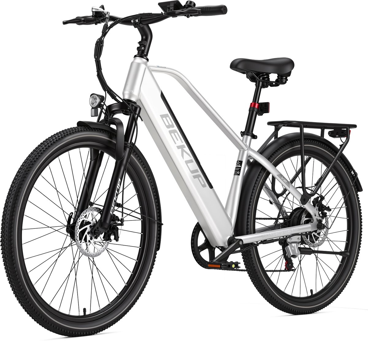 26 inch Elektrische stadsfiets - 36V 14.5AH Accu - Actieradius Tot 75Km- Hoge instap frame - Shimano 7 versnellinge- 45Nm - Met achterlicht - LCD Display - Geveerde zadelpen - City Commuter EBike - Elektrische Fiets voor heren en dames - Zilver