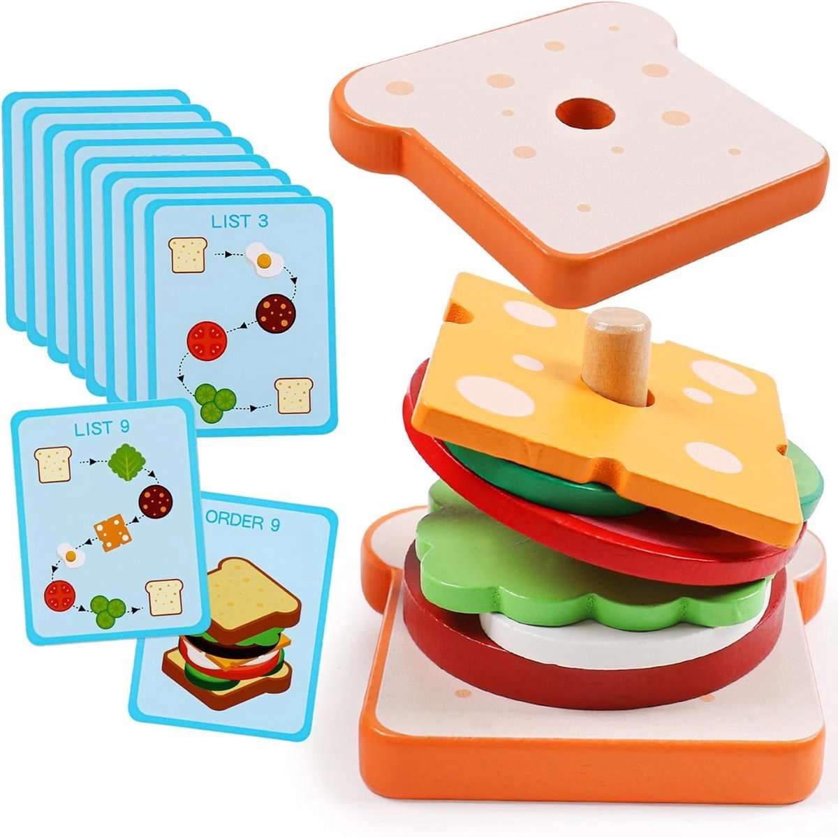 casalora - Montessori Speelgoed - kinderspeelgoed - Montessori - Houten Speelgoed - Educatief speelgoed 3 jaar - Motoriekspeelgoed - Houten sandwich - Bouwstenen in de vorm van voedsel - Voor Jongens en Meisjes