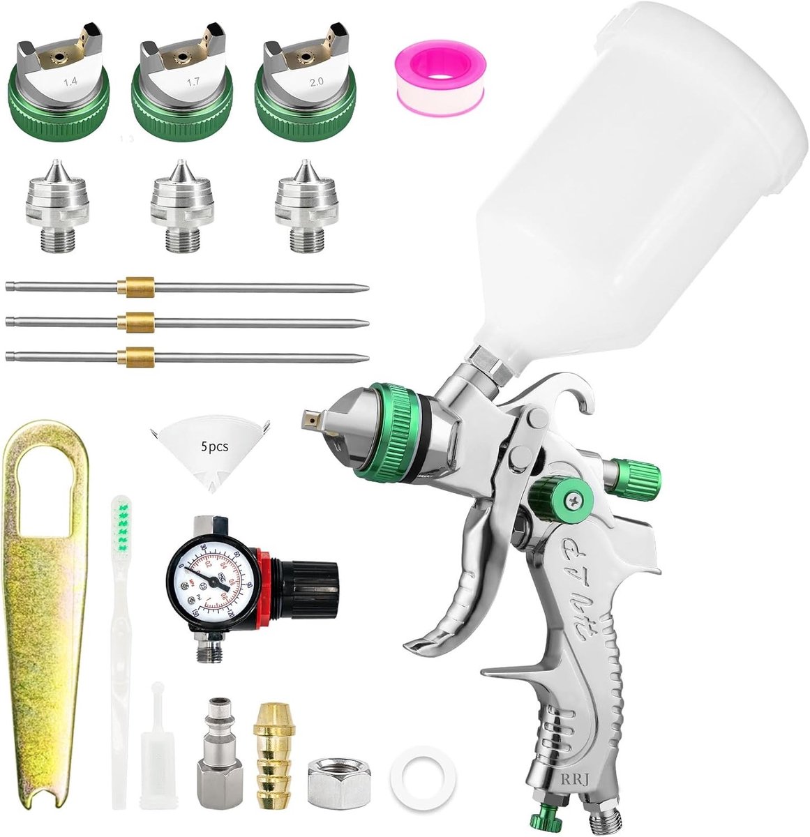 Professionele HVLP Spuitpistool Set met 3 Nozzles (1.4/1.7/2.0 mm) voor Verf, Luchtcompressor en 600 ml Plastic Bekertje