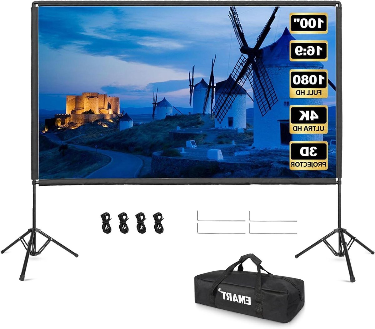 Projectorscherm met standaard - Filmscherm draagbaar - Thuisbioscoop creëren - Kreukvrij 4K HD - 100 inch - Wit