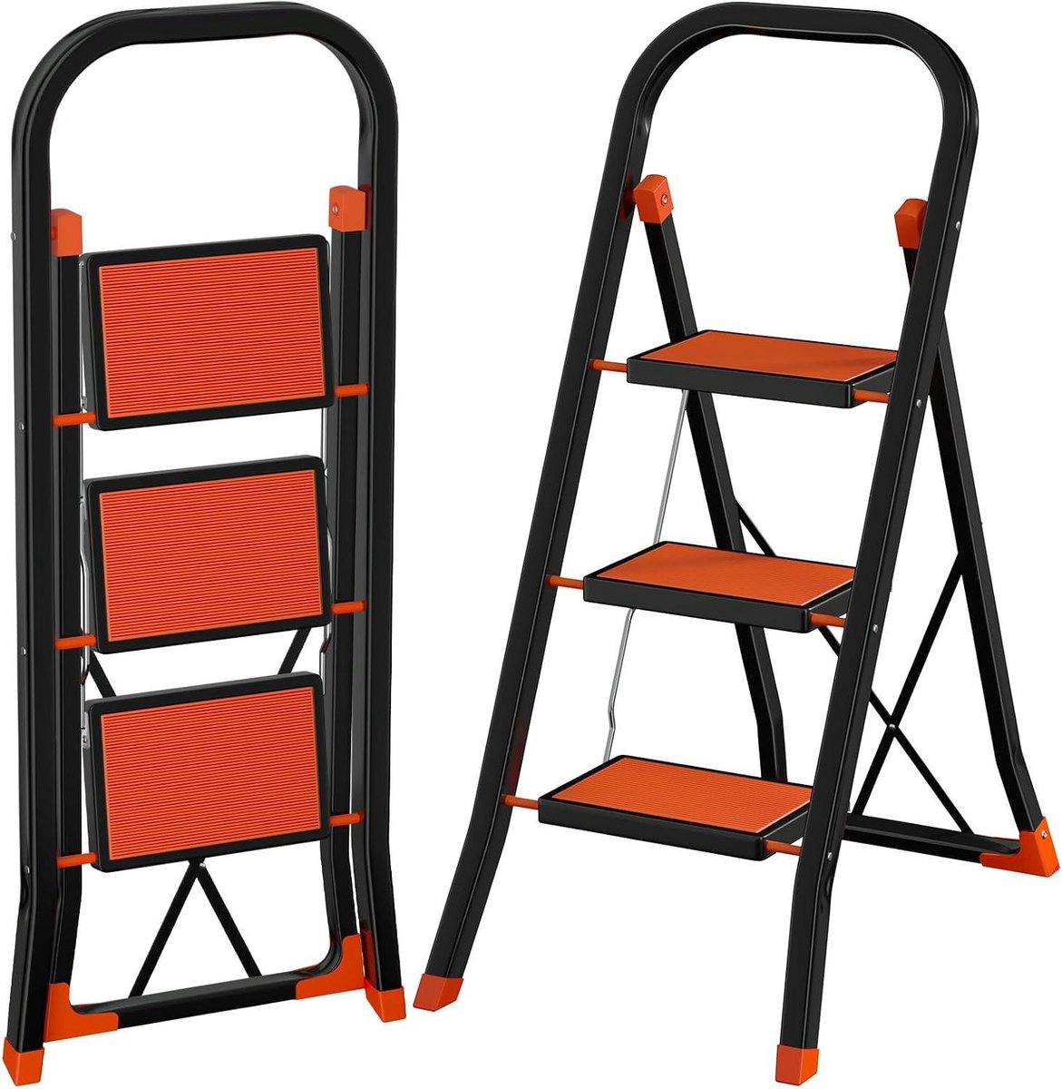 Trapladder 3 treden - Vouwtrap opstap - Huishoudelijk werk - Brede antislip treden - 150 kg draaglast - Zwart Oranje