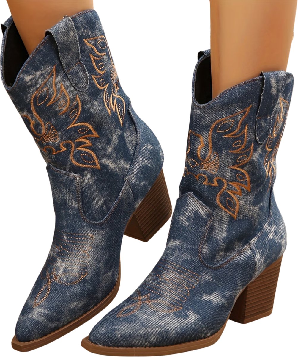 Currero Dames Cowboy Laarzen Hoge Hak Enkellaarzen Kniehoge Western Boots Chelsea 38 5 Blauw