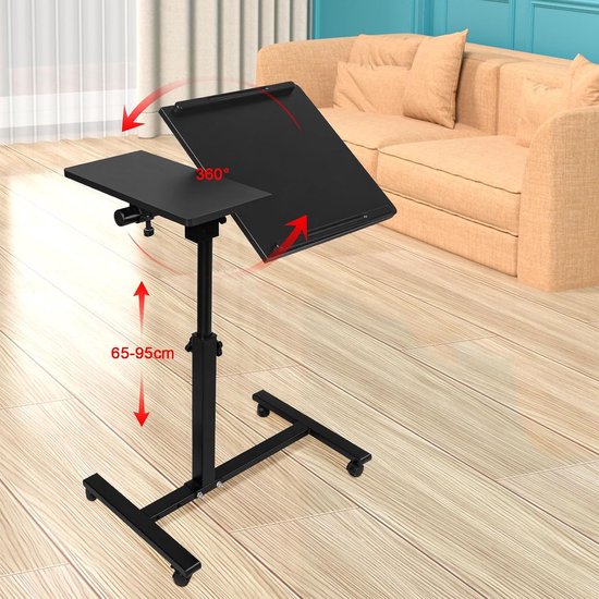 Bed Tafel - Zijtafel - Staand Werken - Inklapbaar & Roteerbaar - 65-95 cm Hoog - Zwart — afbeelding 2