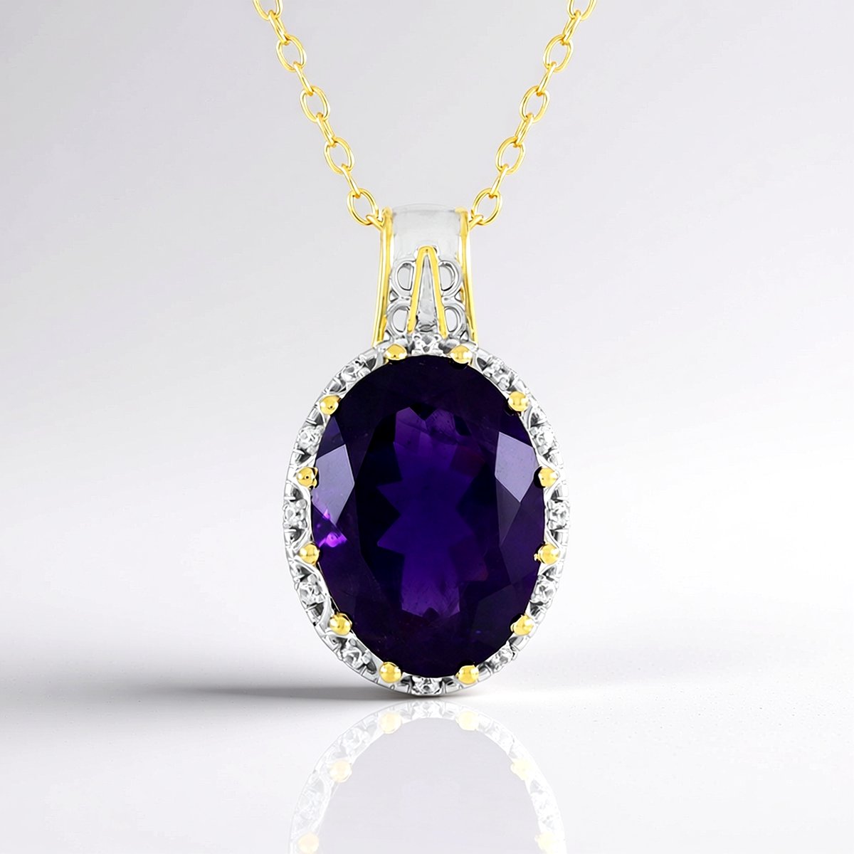 Cavill - Elegante Halsketting - 925 Sterling Zilver Verguld - Ovale Braziliaanse Amethist 10.035 ct - Cambodjaanse Zirkonia 0.14 ct