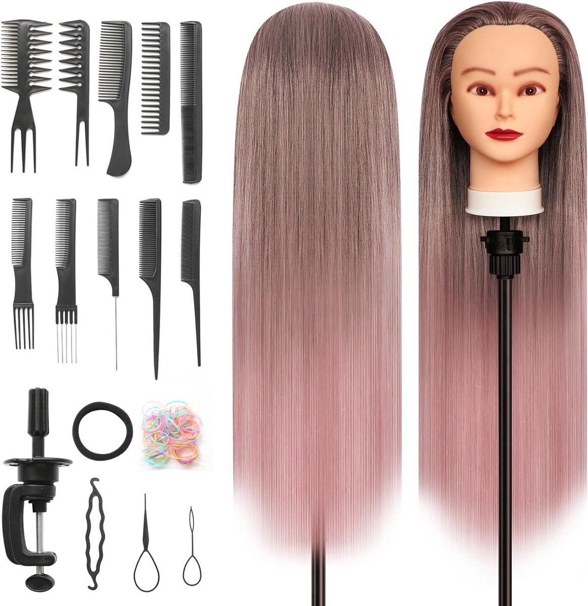 Trainingshoofd Synthetisch - Oefenhoofd Kappers - Haar Stylen Leren - 100% Synthetische Vezels - 28 Inch - Gradiënt Roze