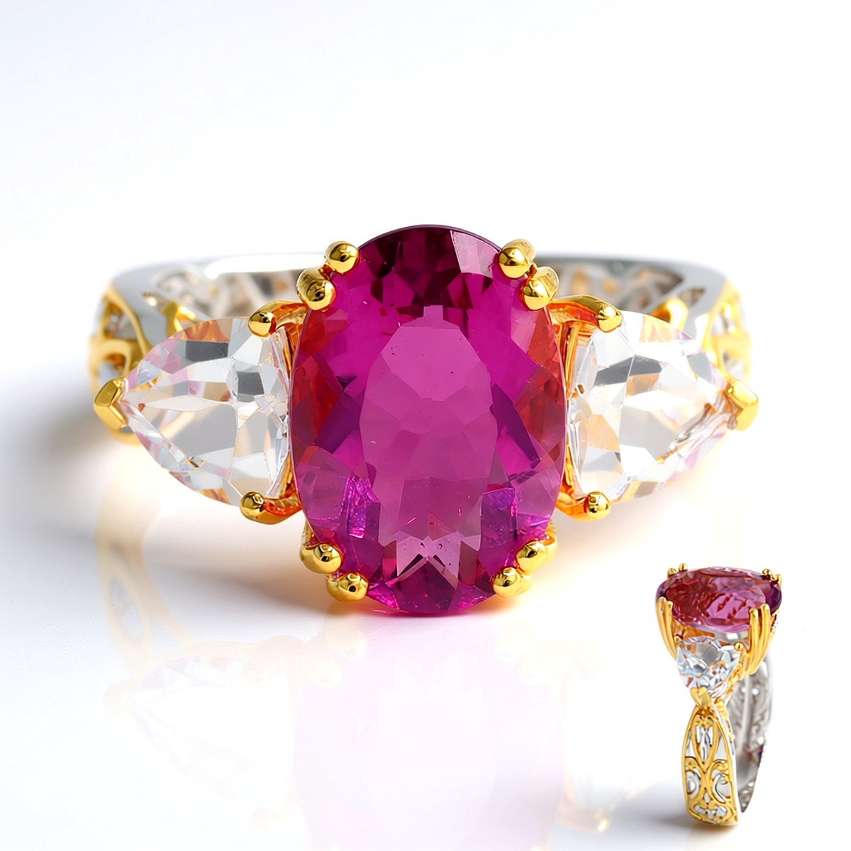 Cavill - 925 Sterling Zilver Ring - 6,3 ct Roze Fluoriet & 2,7 ct Witte Topaas - Ovaal Design - Palladium - Braziliaanse Edelsteen