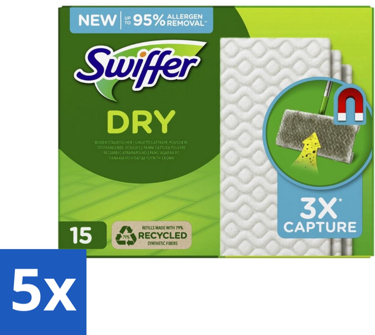 Swiffer Dry - Vloerdoekjes - Navulling - Gerecyclede Fibers - 15 Doekjes - Bulkverpakking - 5 stuks