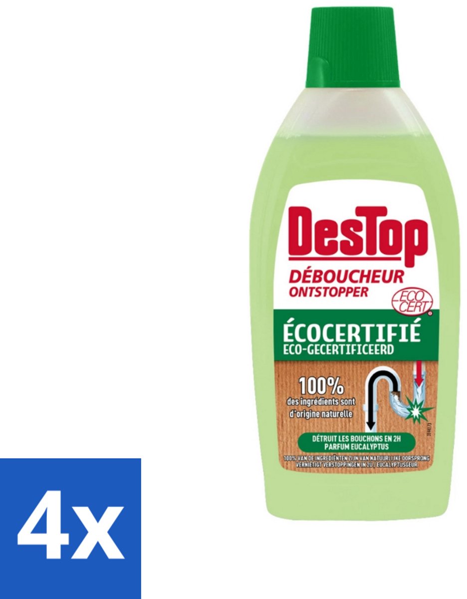 4 x DesTop - Onderhoud & Ontstop Leidingen - Biologische Ontstopper - Natuurlijke Ingrediënten - Eucalyptusgeur - 500 ml - Biologische Ontstopper - Ecologische Ontstopper - Natuurlijke Ontstopper - Leiding Ontstoppen - Verstoppingen Verwijderen