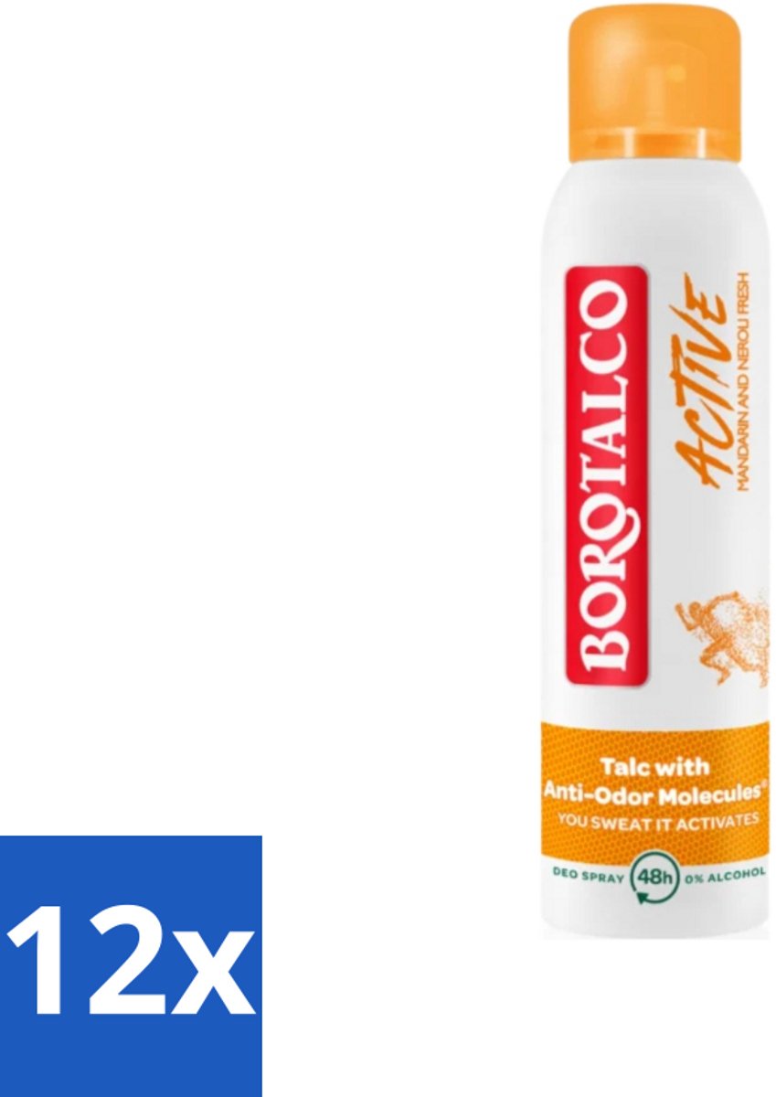 Borotalco - Deodorant Spray - Active - Mandarin & Neroli Fresh - 0% Alcohol - 150 ml - Voordeelverpakking - 12 stuks