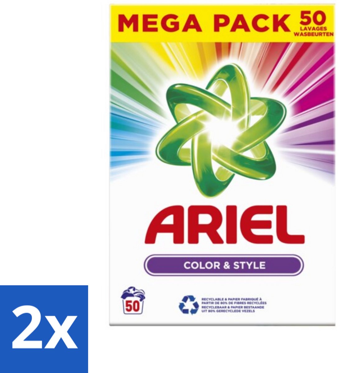 2 x Ariel Color & Style - Waspoeder - Gekleurde Was - 50 Wasbeurten - Waspoeder - Gekleurde Was - Ariel Color & Style - Kleurverzorging - Wasoplossing
