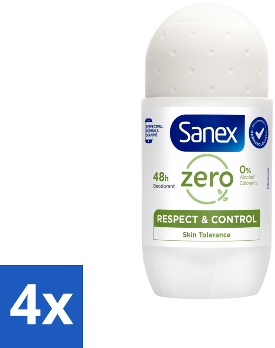4 x Sanex Deodorant Roller Zero% Normal Skin 50 ml - 24 Uur Deodorant - Aluminiumvrije Deodorant - Alcoholvrije Deodorant - Deodorant Voor Gevoelige Huid - Sanex Deodorant