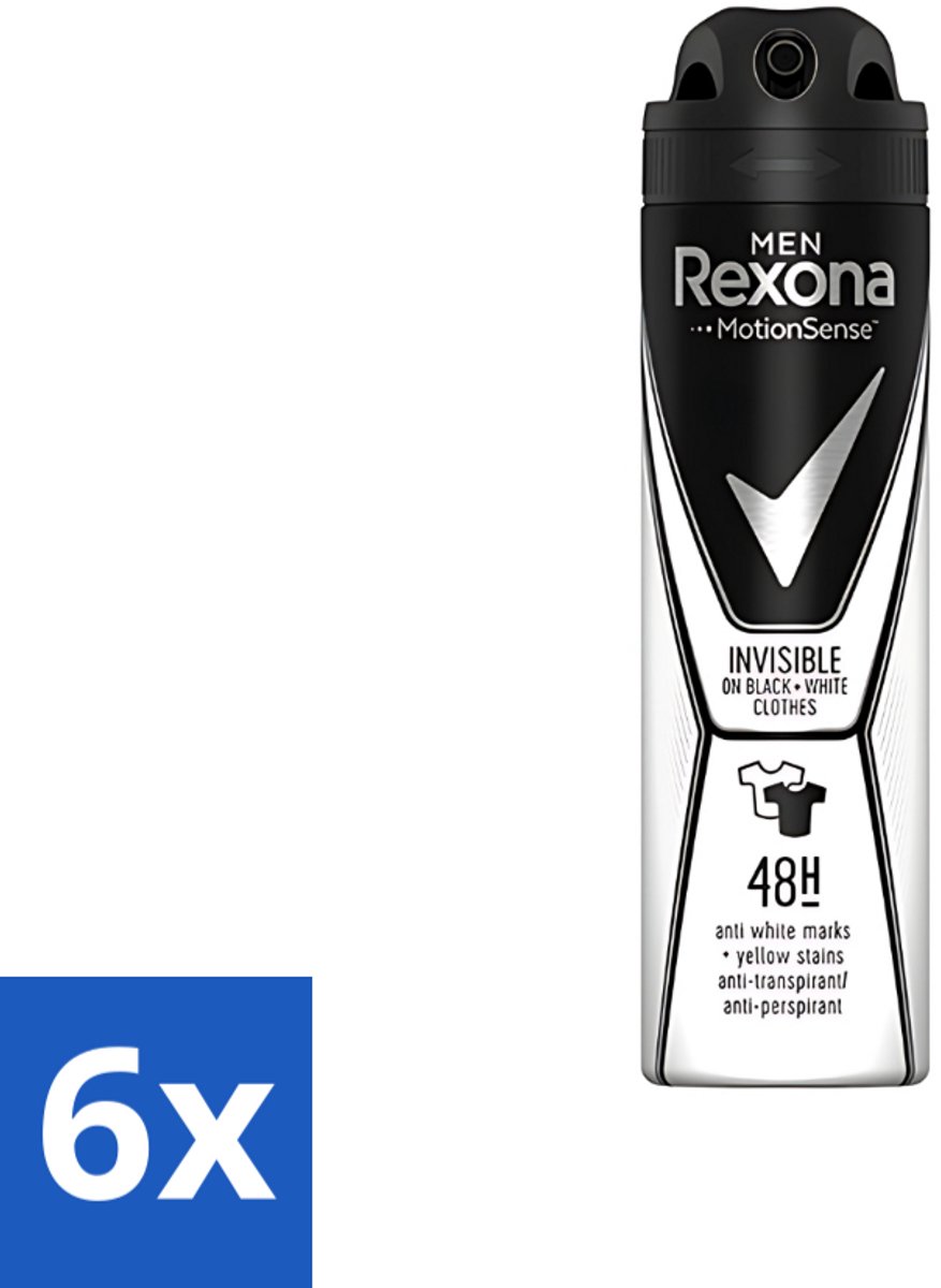 6 x Rexona Men - Deodorant Spray - Motion Sense - Invisible Black & White - Anti-Transpirant & Perspirant - 150ml - Rexona Mannen Deodorant - Anti-transpirant - Witte Strepen - Gele Vlekken - MotionSense