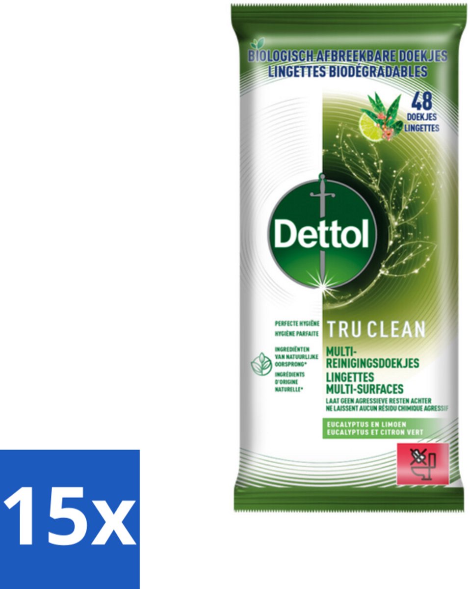 Dettol Reinigingsdoekjes Tru Clean Eucalyptus & Lime 48 stuks per verpakking - Bulkverpakking - 15 stuks
