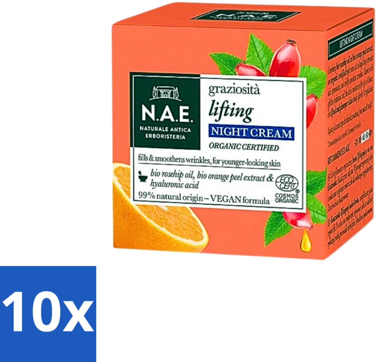 N.A.E. Graziosita Lifting Nachtcrème - Vegan & Biologisch - Hydraterend & Verjongend effect - 50ml - Bulkverpakking - 10 stuks