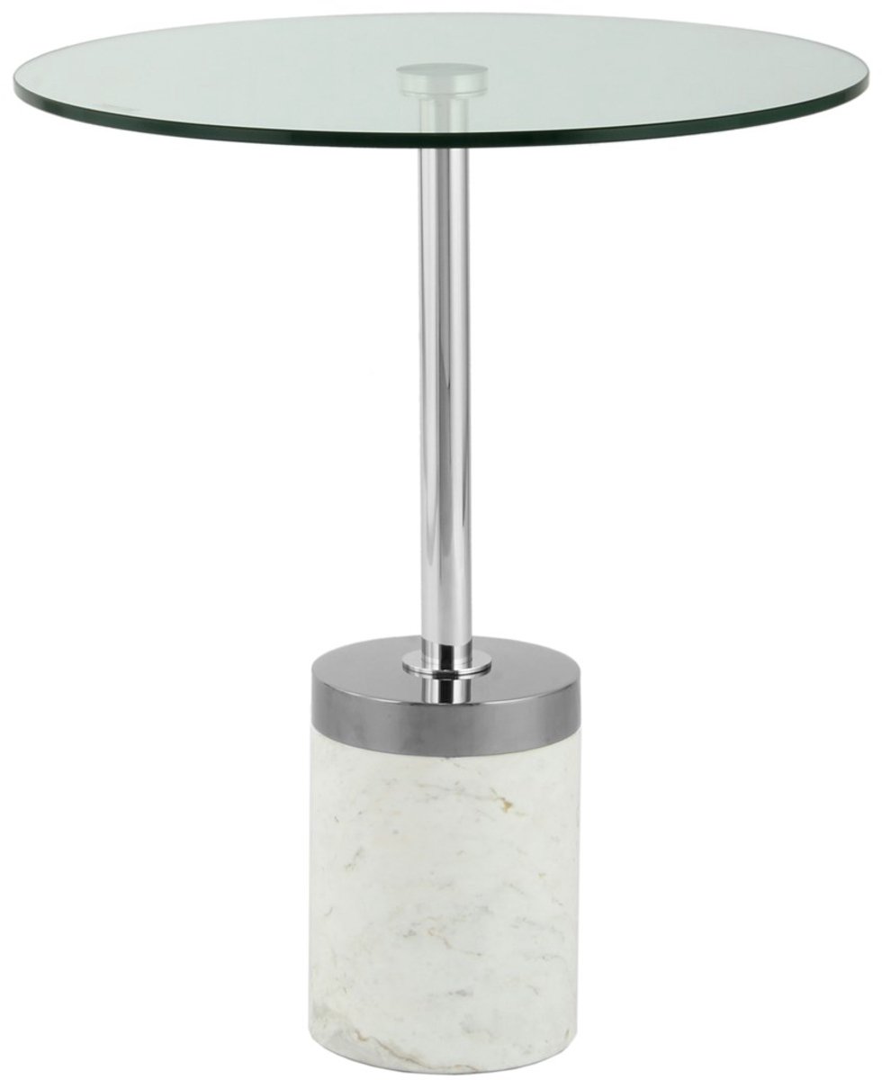 Padiro ronde bijzettafel Ø 46 x 53 cm - zilver en wit - Modern Art-Déco Glamour Look - met marmeren voet - glazen tafelblad - marmeren voet
