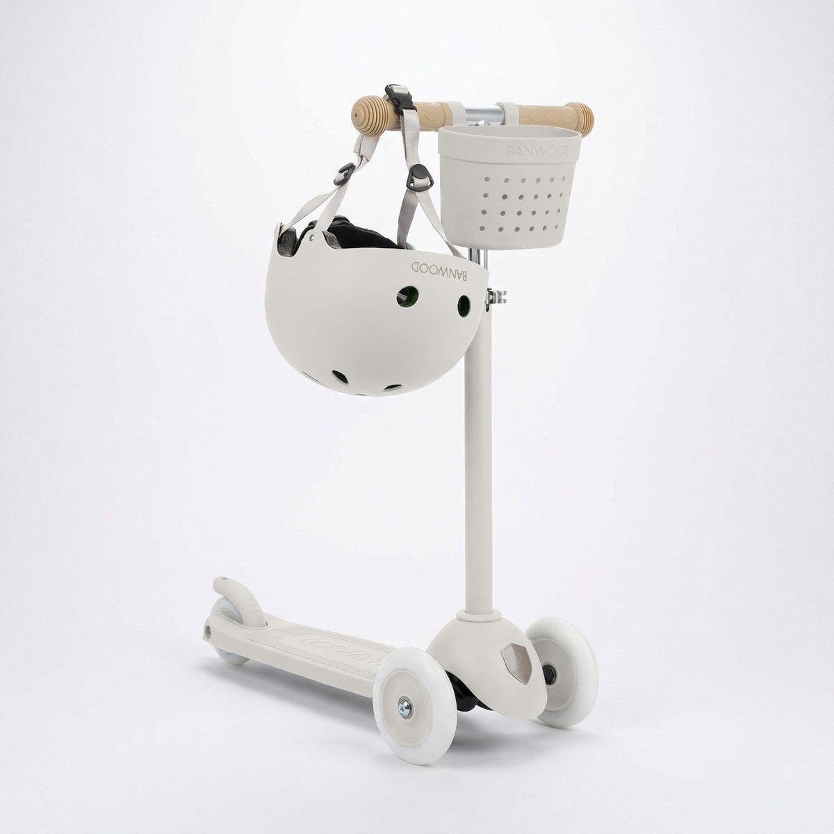Banwood Eco Scooter + Basket + Eco Fietshelm - Ivory - kinderstep - kinder helm - voordeelset