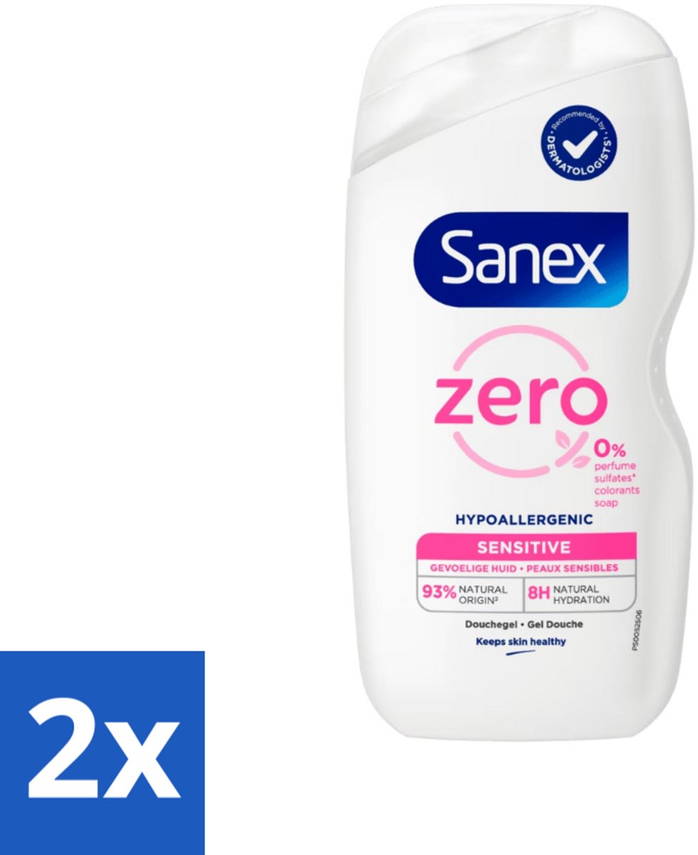 2 x Sanex Zero% - Douchegel - Gevoelige Huid - 0% Parfumsulfaten - Hypoallergeen - 400 ml - Douchegel - Gevoelige Huid - Hypoallergeen - Sanex - Parfumvrij