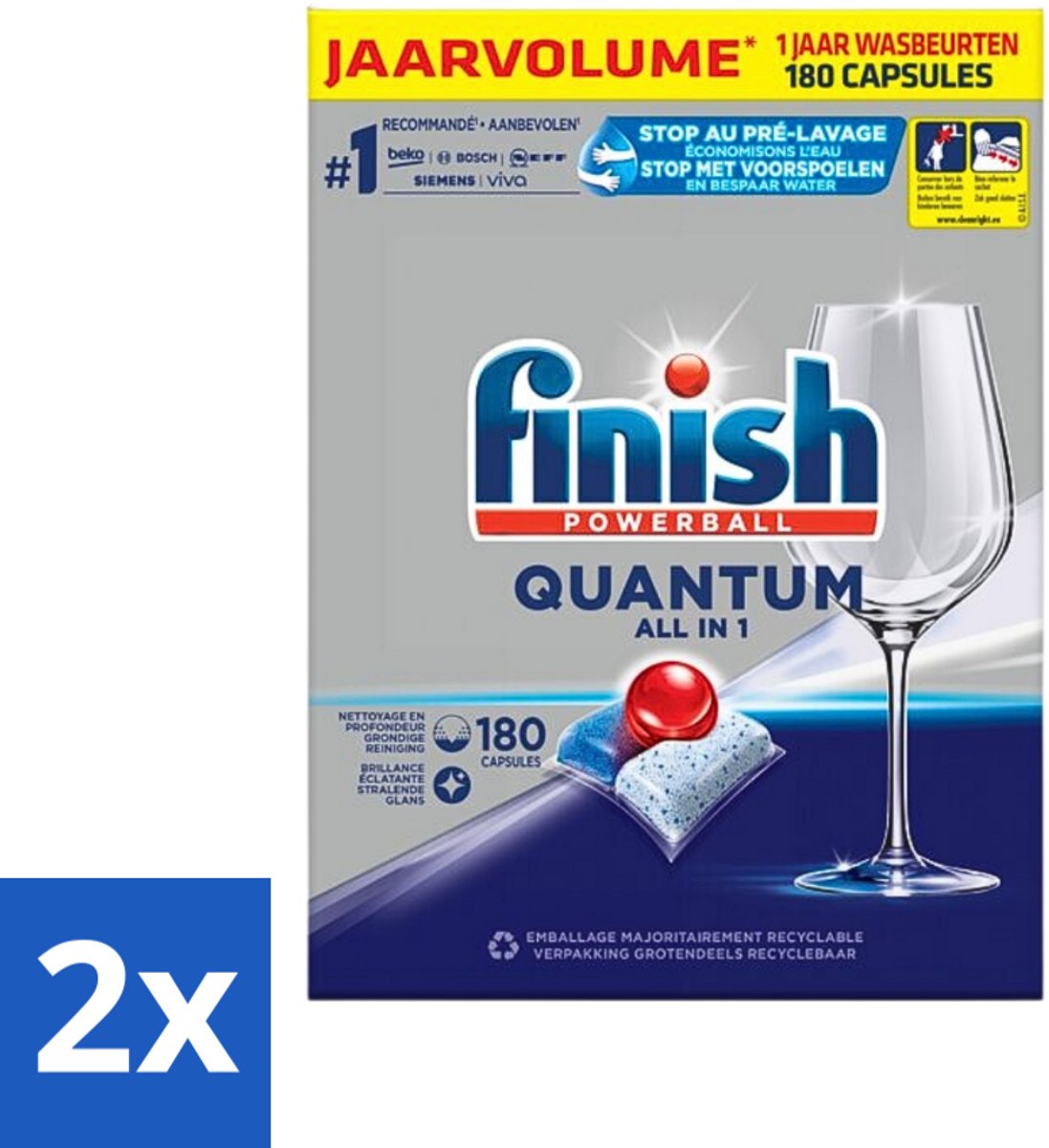 2 x Finish Powerball - Quantum All in 1 - Vaatwastabletten - 180 Tabletten - Vaatwascapsules - Diepe Reiniging - Glans - Vaatwasser - Finish Quantum
