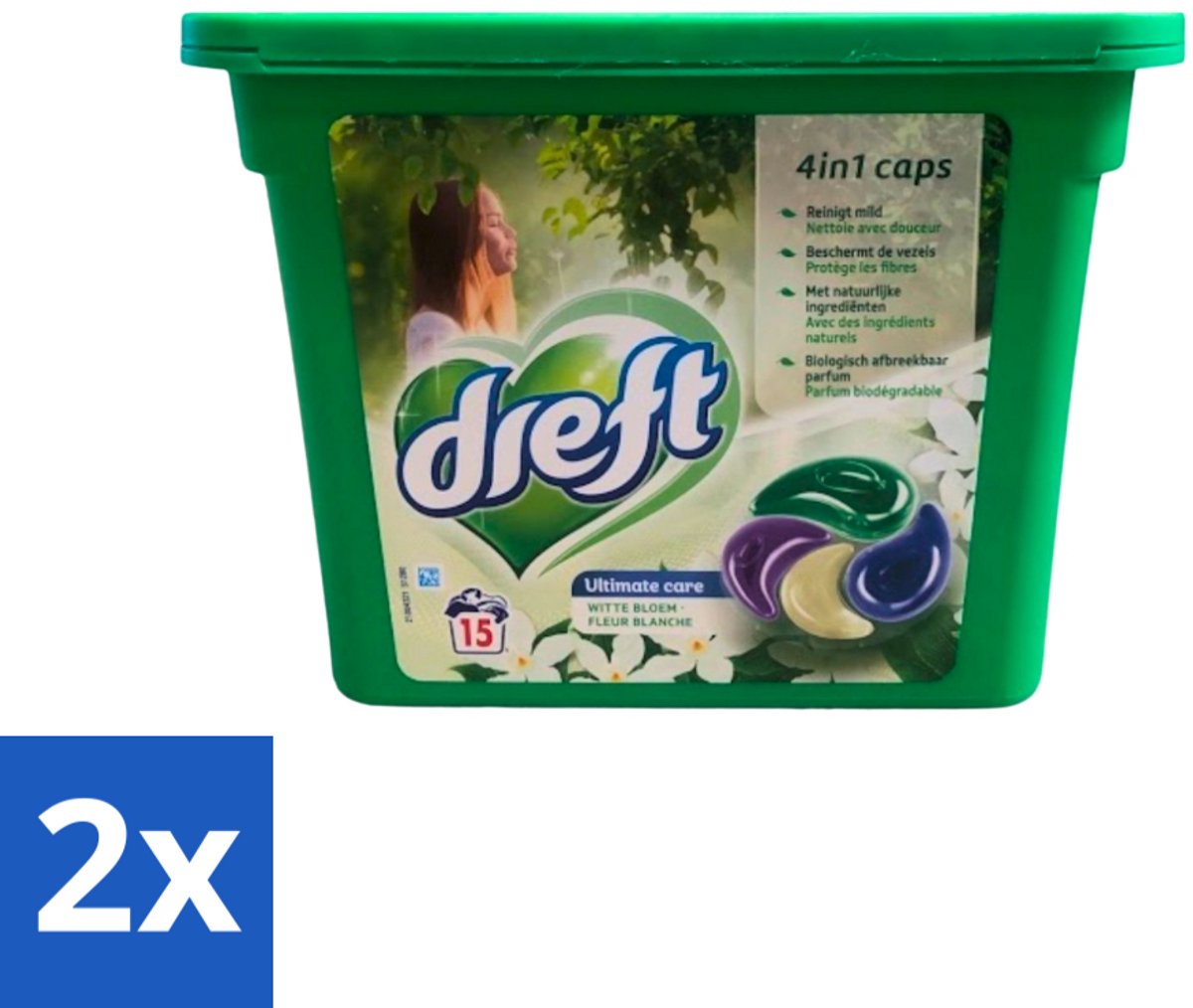 2 x Dreft - Wasmiddelcapsules 4in1 - Witte en Gekleurde Was - Witte Bloem - 15 Wasbeurten - Wasmiddelcapsules - Wasmiddel - Waspoeder - Wasverzachter - Witte Was