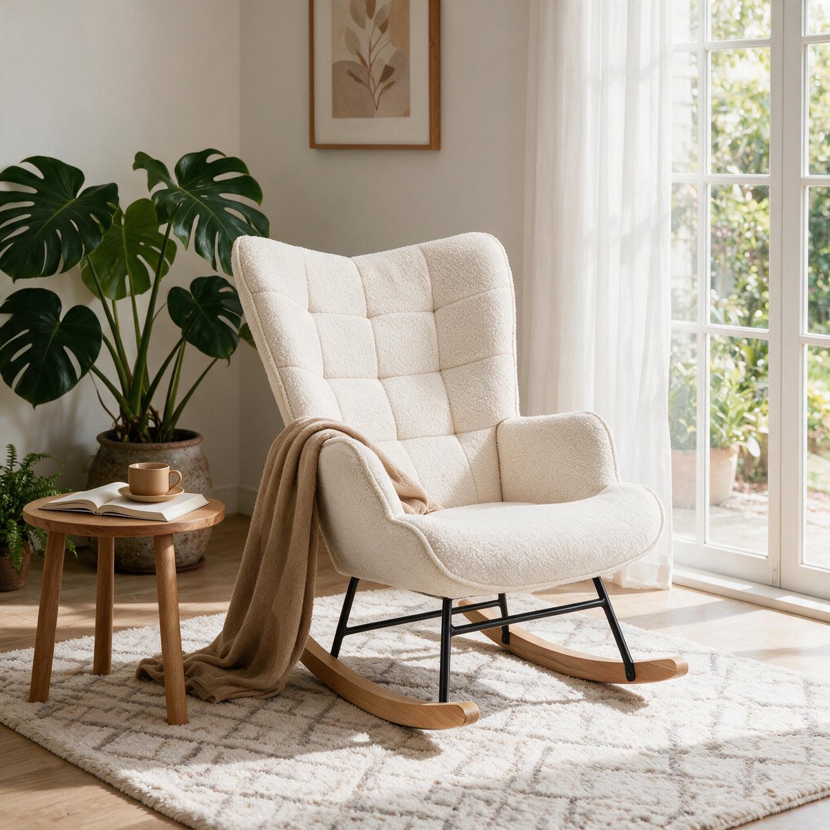 Schommelstoel in pluche stof, Relaxfauteuil, Fauteuil, Loungestoel met hoge rugleuning, Verpleegstoel Schommelstoel voor woonkamer, slaapkamer en balkon, Beige