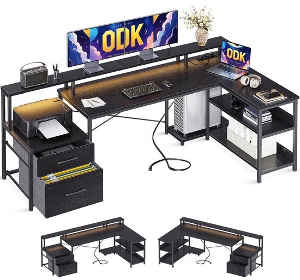 L-vormig gamingbureau met opbergruimte, 189,3 x 100 cm, omkeerbaar design met LED en USB-aansluitingen, computertafel voor slaapkamer of werkruimte