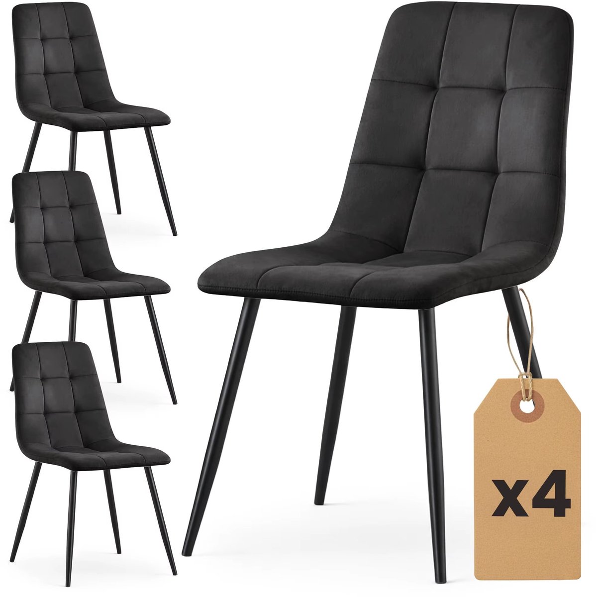 Set van 4 Velours Eetkamerstoelen – Gestoffeerde Stoelen met Gewatteerde Zitting – Moderne Eetkamerstoelen met Zwarte Poten – Comfortabele Stoelenset voor Eetkamer & Woonkamer - Zwart