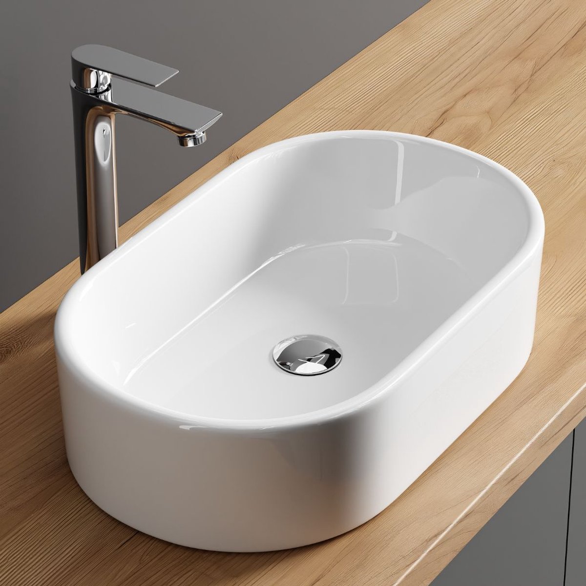 Planetmöbel Opzetwastafel 55 cm Ovaal Keramiek Hoogglans Wit
