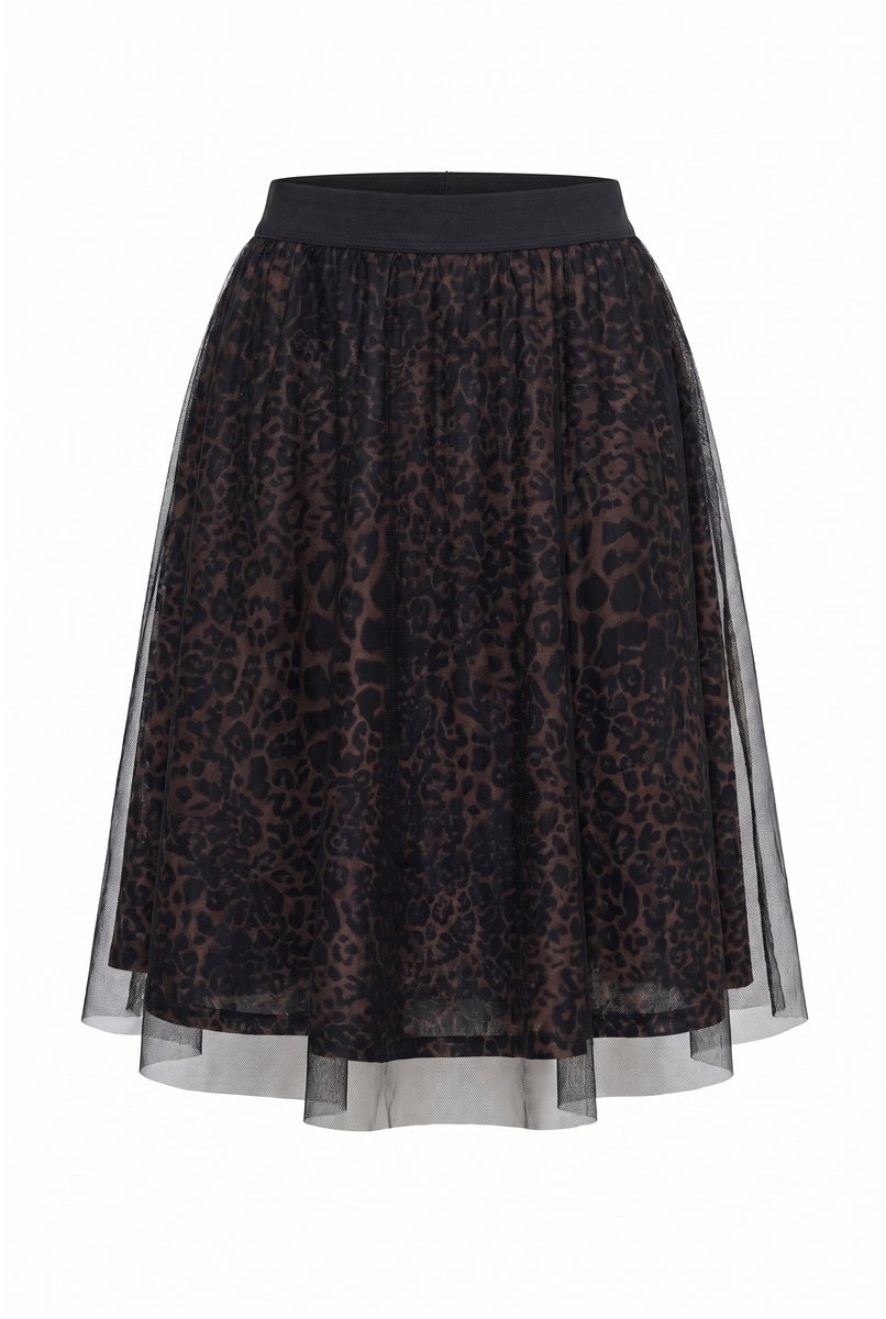 Ulla Popken - Dames - Midi-rok luipaardmotief A-lijn elastische tailleband - Kaneel - Maat 42+