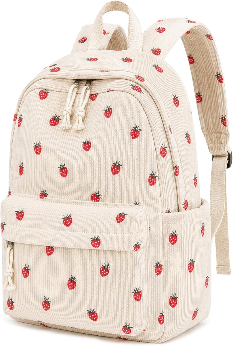KZQ Aardbei Corduroy Rugzak - 30,5x14x42 cm - 20L - Waterafstotend - Gepolsterde Schouderbanden - Meerdere Vakken - Voor School & Reizen - Roze