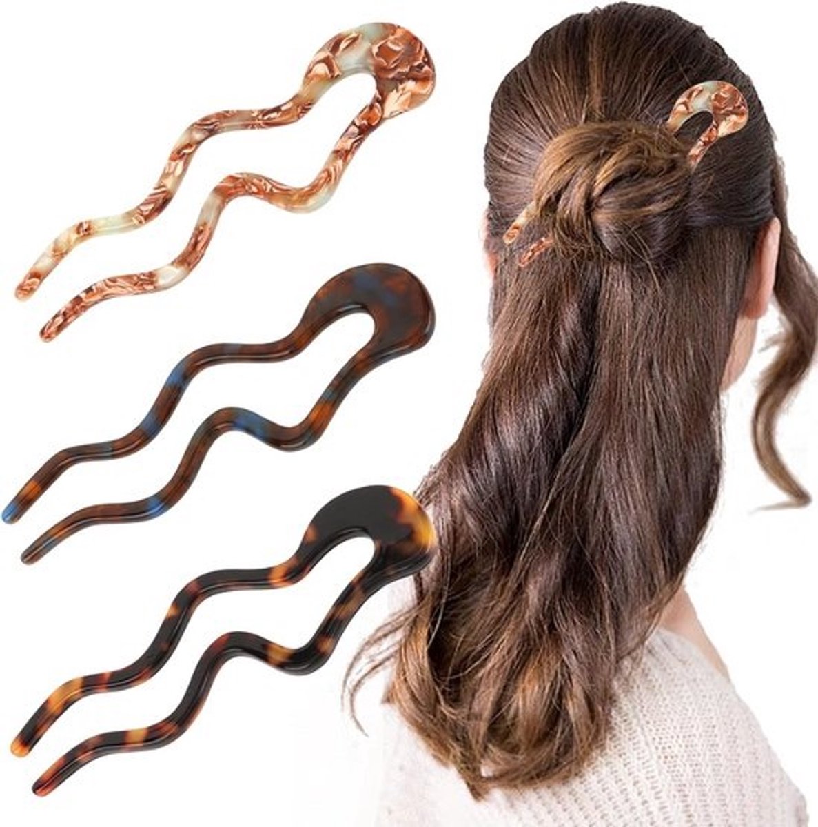U-vormige haarspelden voor vrouwen - 3 stuks schildpadschelp haaraccessoires