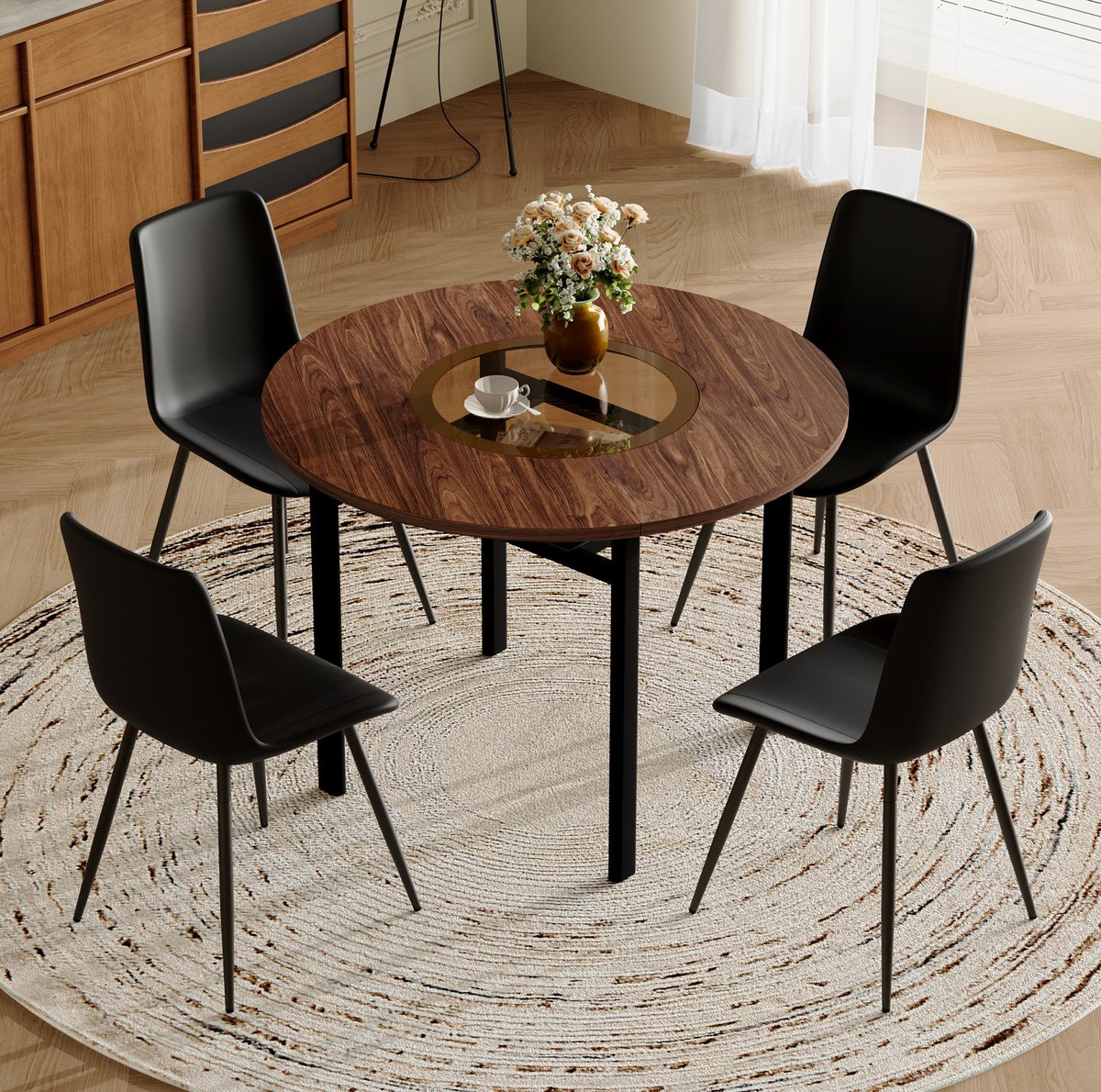 Wishdor Ronde eettafelset - 4 stoelen - Glazen inleg en opbergplank - Modern - Voor eetkamer, woonkamer en open keuken - Houtlook, metaal, zwart - Ø 100 cm