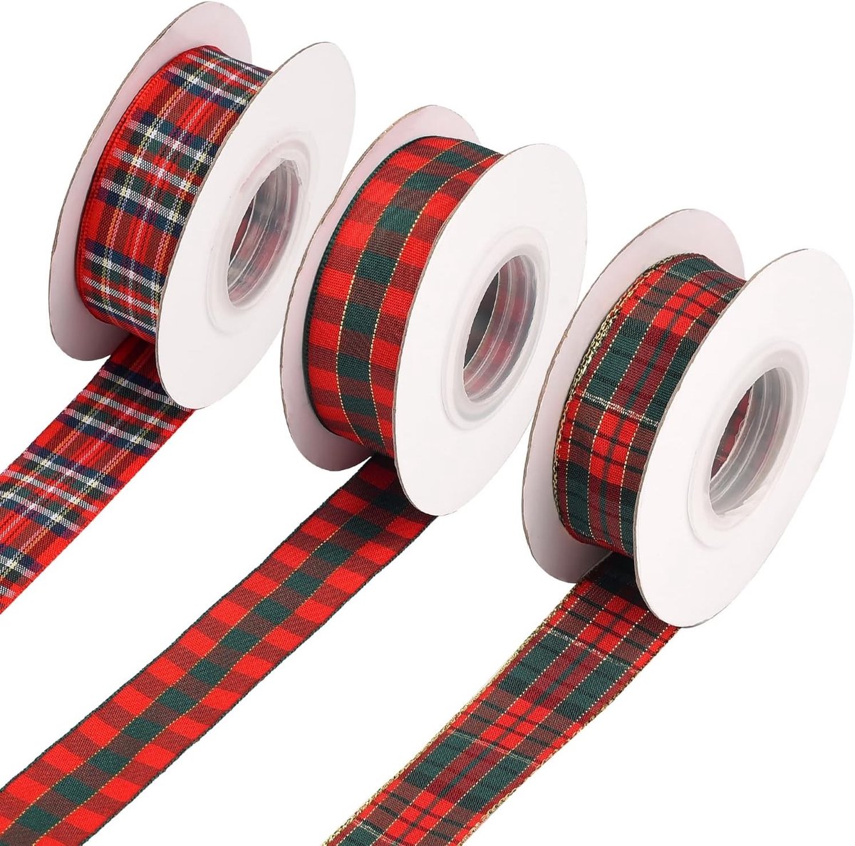 Kerst Tartan Lint - 3 Rollen van 10 Yards Dubbelzijdig Gingham Lint voor Feestdecoratie en DIY Cadeaus
