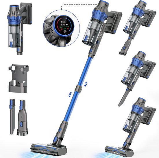 Draadloze Chesto T1 steelstofzuiger met blauwe accenten, muurbevestiging, extra opzetstukken en digitaal display.
