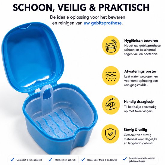 Blauw gebitsbakje van kunststof, met een uitneembaar lekbakje en een handig draaglusje.