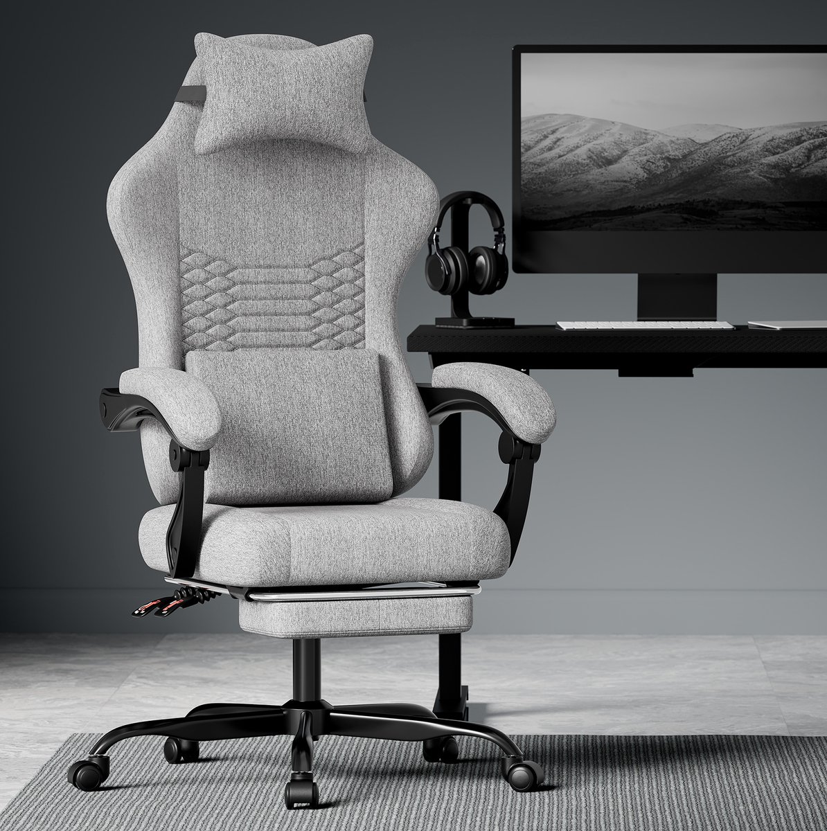 Wishdor Gamingstoel stof - Ergonomisch - Hoofdsteun en voetsteun - Verstelbare rugleuning - Lichtgrijs - 58,5 x 63 x 120,5 cm