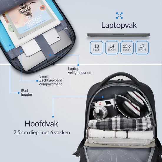 Zwarte rugzak met open hoofdvak met 6 vakken, laptop- en iPad-houder. Past laptops tot 17 inch. Inclusief een laptopveiligheidsriem.