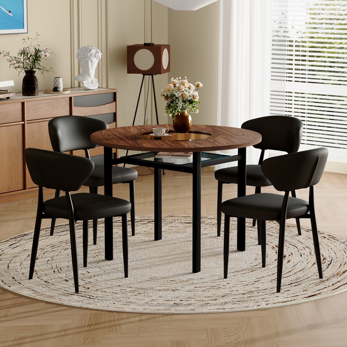 Wishdor Ronde eettafelset - 4 stoelen - Modern minimalistisch - Houtlook - PU zitting - Met glasinleg - 100 x 100 x 76 cm
