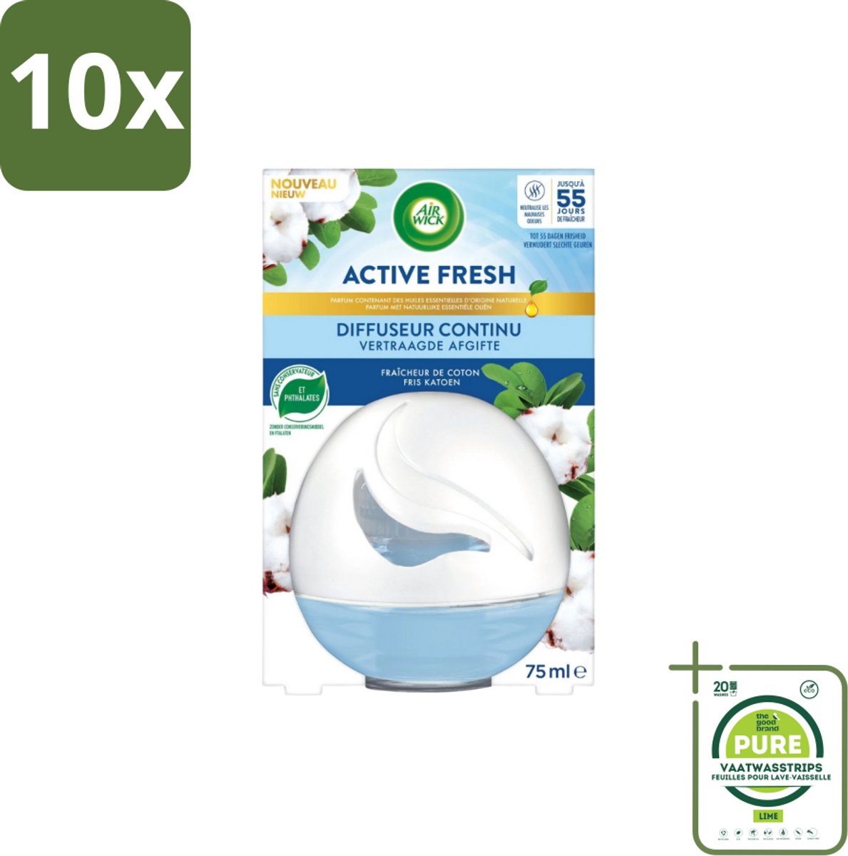 10 x Air Wick – Luchtverfrisser – Deco Sphere Katoen – 75 ml - Grootverpakking - Luchtverfrisser - Katoen Geur - Frisse Geur - Geur Neutraliseren - Geur In Badkamer