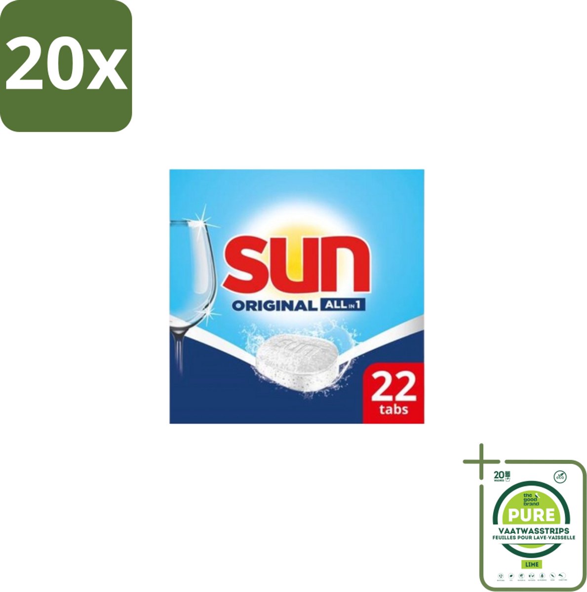 20 x Sun – Vaatwastabletten – All-in-1 Original – 22 tabletten - Grootverpakking - Vaatwastabletten - Vaatwassen - Reinigen - Glans - Spoelglans