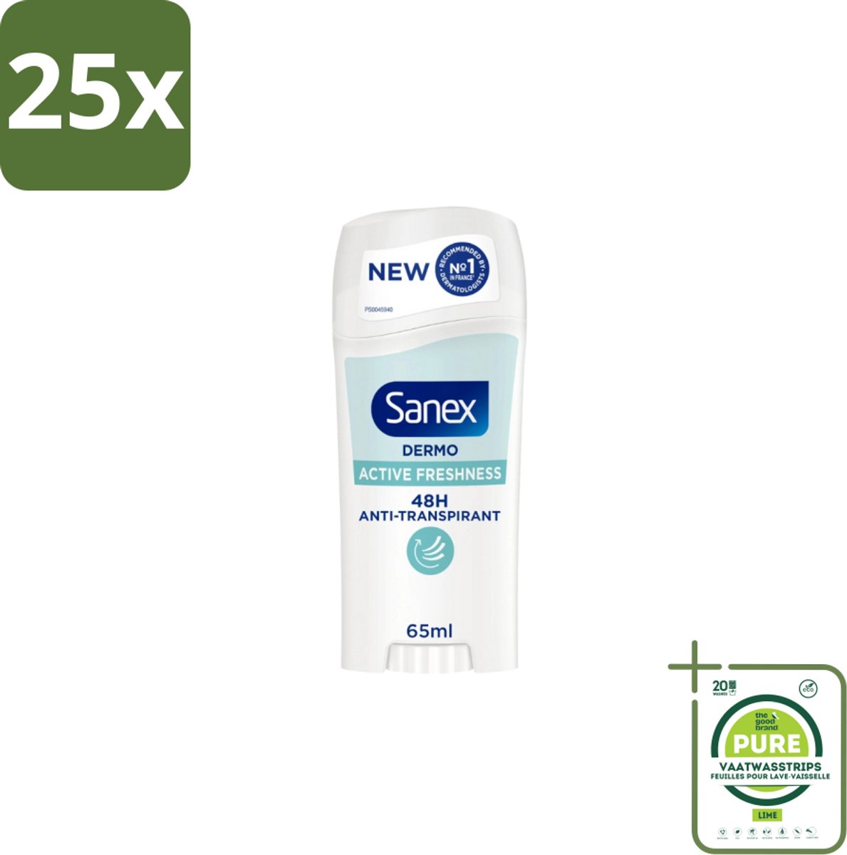 25 x Sanex – Deodorant Stick – Dermo Active Freshness – 65 ml - Grootverpakking - Deodorantstick - Frisheid - Huidbescherming - Zachte Textuur - Langdurige Frisheid