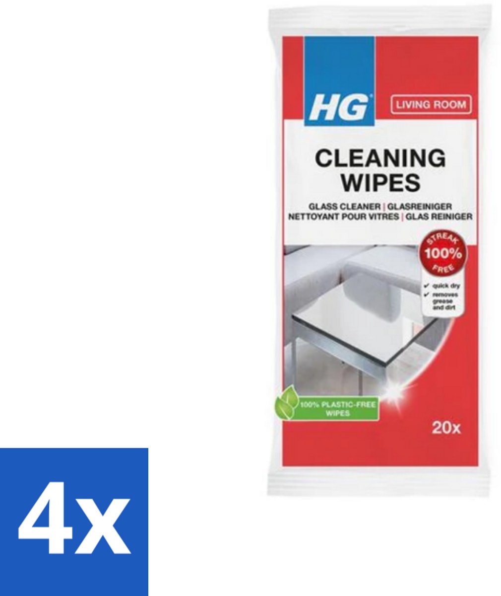 4 x HG - Woonkamer - Glasreinigingsdoekjes - Reinigt Streeploos - 20 Doekjes - Glasreiniging - Streeploos Schoon - Spiegelreiniger - Schoonmaakdoekjes - Biologisch Afbreekbaar