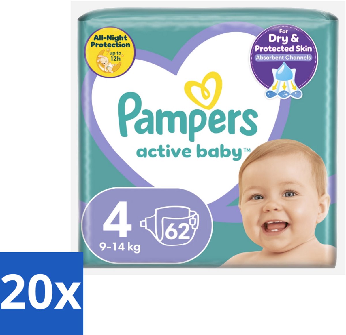 Pampers – Luiers – Active Baby Maat 4 (9-14 kg) – 62 Luiers - Bulkverpakking - 20 stuks