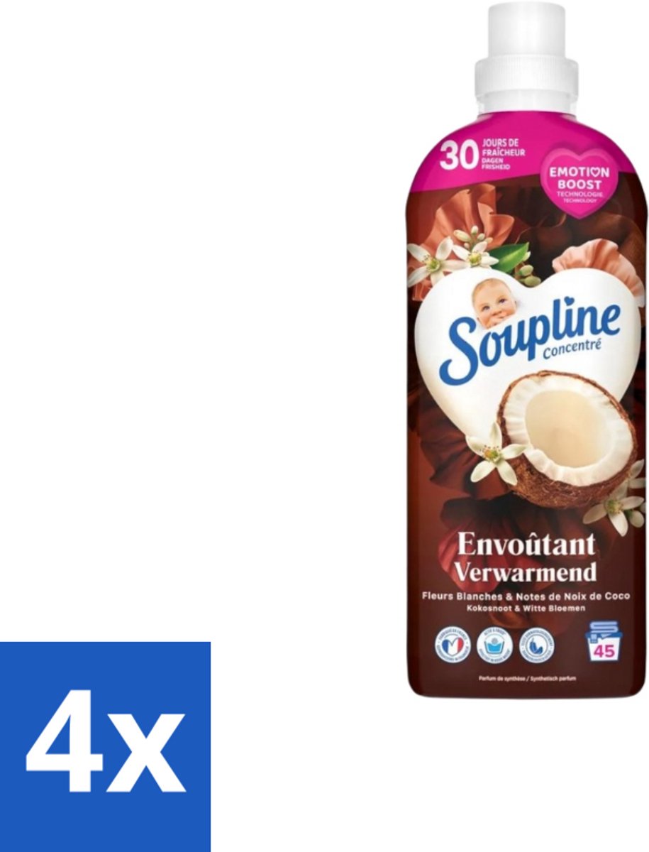 4 x Soupline – Wasverzachter – Verwarmende Kokosnoot & Witte Bloemen – 950 ml - Wasverzachter - Kokosnoot - Witte Bloemen - Warme Geur - Wasgoed