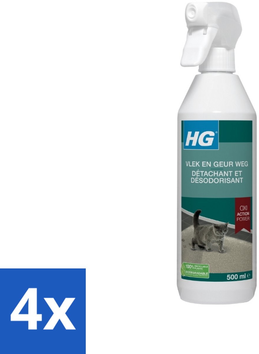 4 x HG - Vlek & Geur Weg - Tegen Kattengeuren- Oxi Action Power - 100% Biologisch - 500 ml - Kat Vlekken - Kat Geur - Vlekken Verwijderaar - Katten Urine - Tapijt Reiniging