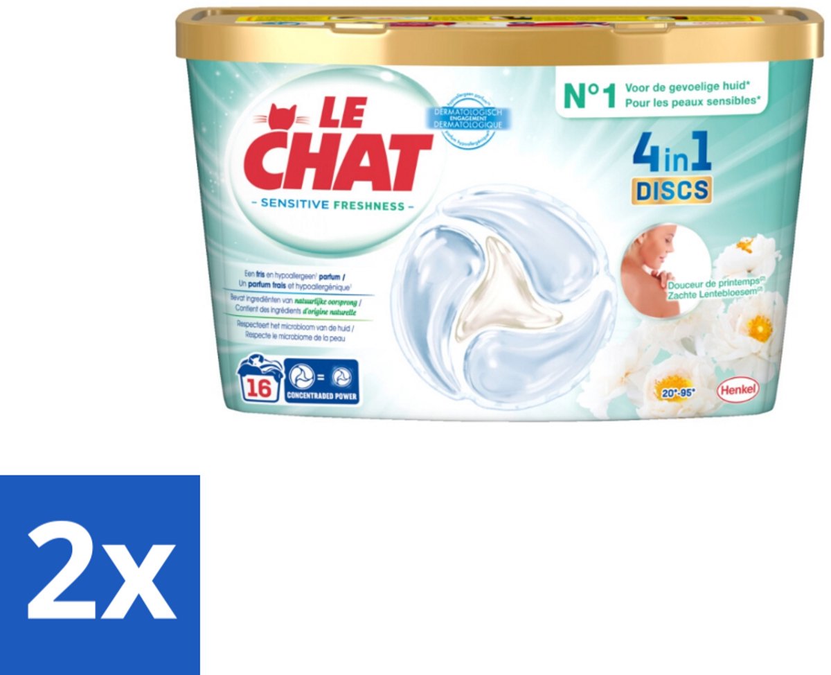 2 x Le Chat – Wascapsules – Sensitive Zachte Lentebloesem – 16 wasbeurten - Wascapsules - Gevoelige Huid - Hypoallergenisch - Zachte Geur - Sinaasappelbloesem